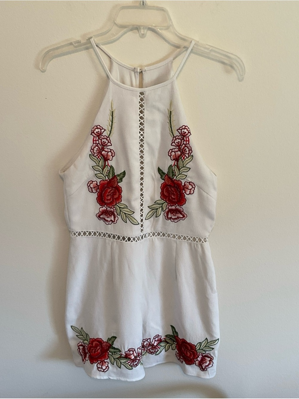 She + Sky White Floral Embroidered Halter Romper size medium lined